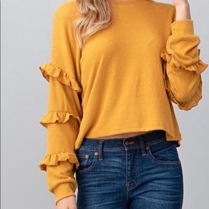 Heart & Hips Mustard Yellow Semi Cropped Ruffled Long Sleeves Sweater